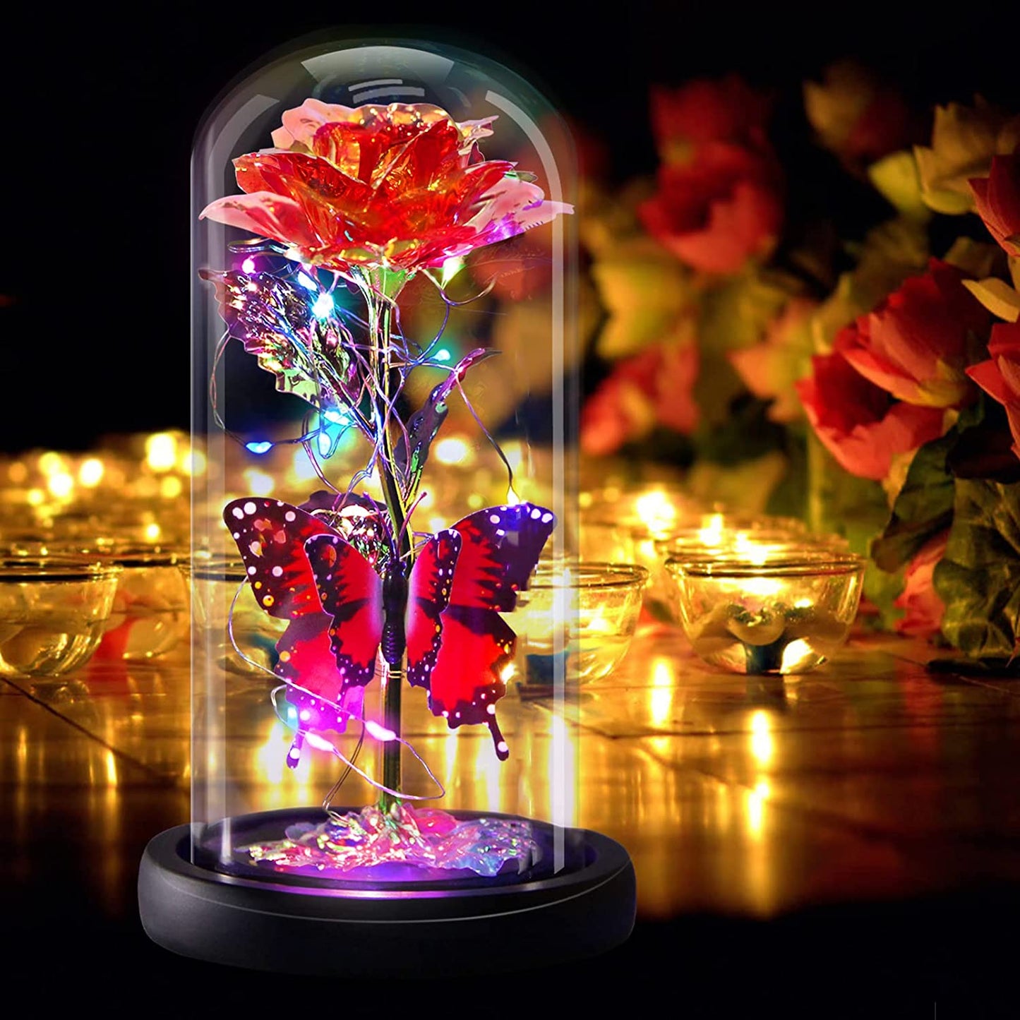 Galaxy Glass Rose with Butterfly Light